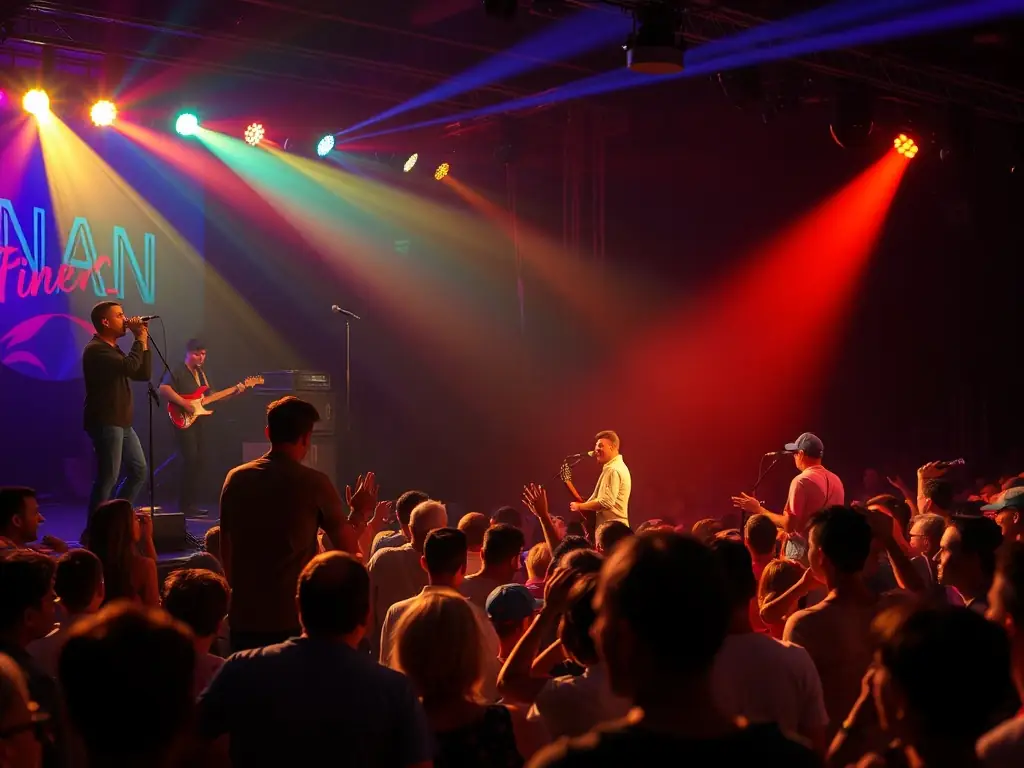 A photograph capturing a live performance event organized by ASSOCIATION FAMILIALE RURALE, showcasing local talent on stage with an enthusiastic audience.