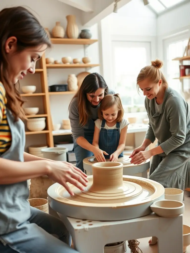 Participants learning pottery techniques in a ceramics class, hands-on engagement and artistic skill development highlighting ASSOCIATION FAMILIALE RURALE's diverse artistic offerings.